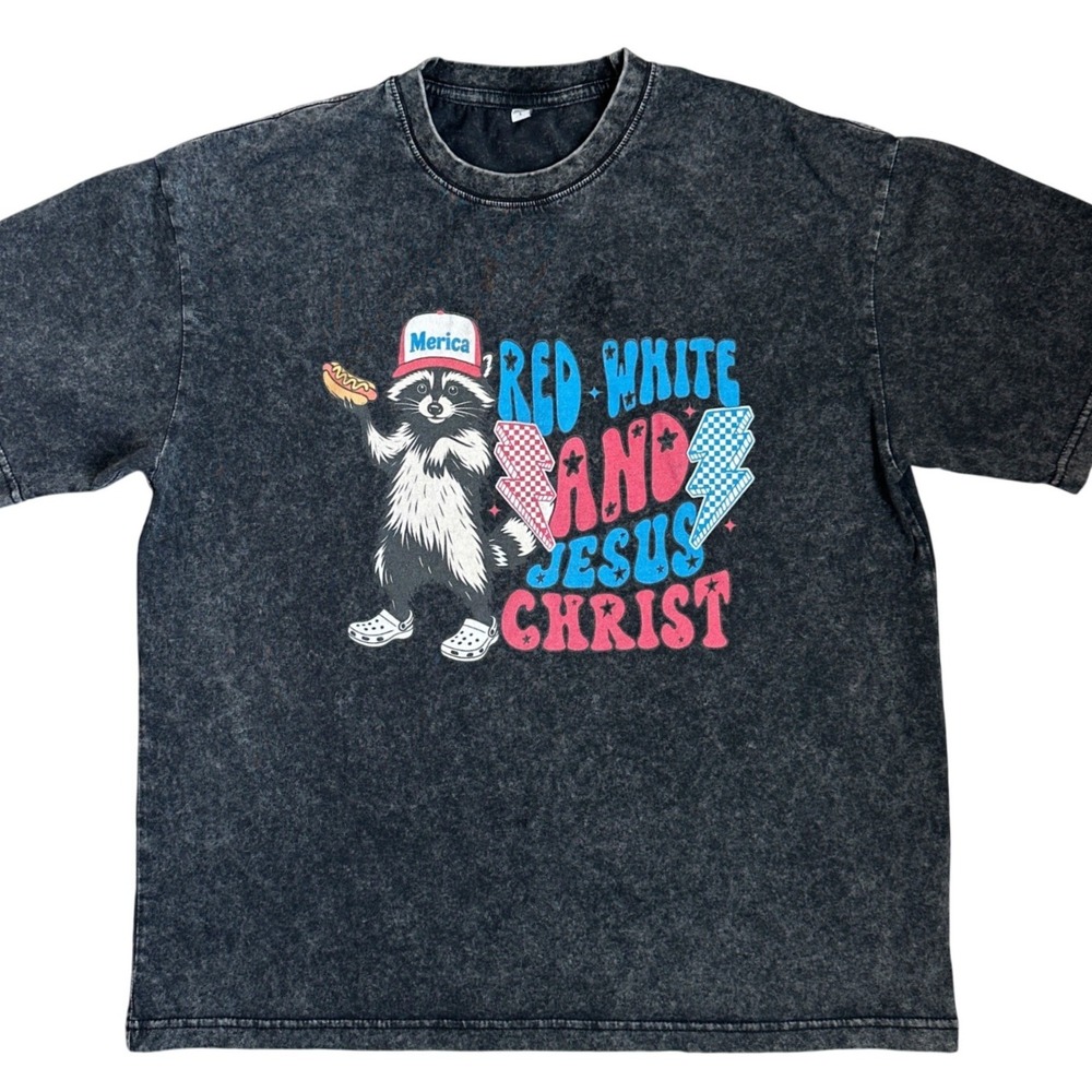 Red White and Jesus Christ Raccoon Acid Wash Graphic T-Shirt Black Large‎ - Picture 2 of 7